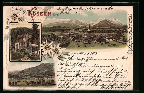 Lithographie Kössen, Burg Klobenstein, Gesamtansicht aus der Vogelschau