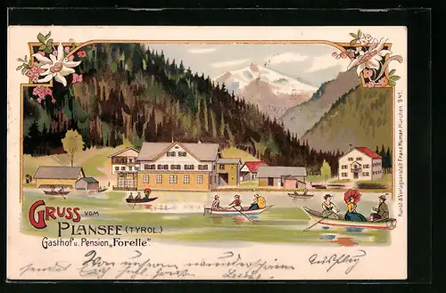 Lithographie Breitenwang, Gasthof und Pension zur Forelle vom Plansee gesehen