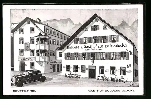 Künstler-AK Reutte, Gasthof zur goldenen Glocke am Hauptplatz