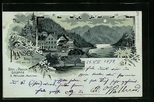 Mondschein-Lithographie Plansee, Hotel und Pension Seespitz