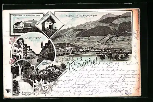 Lithographie Kitzbühel, Restaurant und Kapelle am Kitzbüheler Horn, Strassenpartie, Einsiedler-Wasserfall