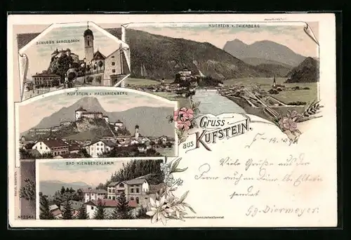 Lithographie Kufstein, Schloss Geroldseck, Bad Kienbergklamm, Kalverienberg