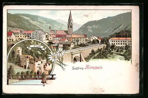 Lithographie Mühlbach, Ortsansicht mit Ruine Klause
