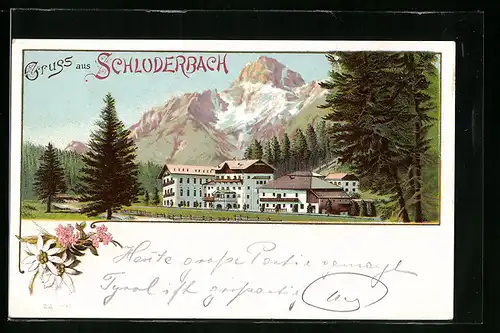 Lithographie Schluderbach, Gebäudegruppe gegen das Gebirge