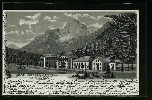 Mondschein-Lithographie Schluderbach, Gebäudegruppe gegen Croda Rossa