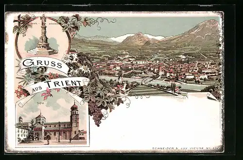 Lithographie Trient, Dom, Ortsansicht aus der Vogelschau
