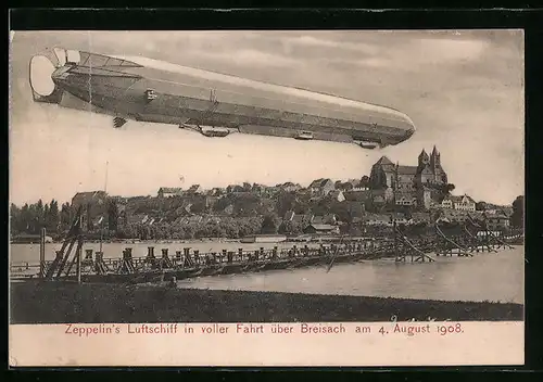 AK Breisach, Zeppelins Luftschiff über dem Ort am 4.8.1908