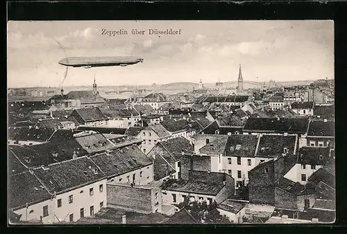 AK Düsseldorf, Zeppelin fliegt über die Stadt