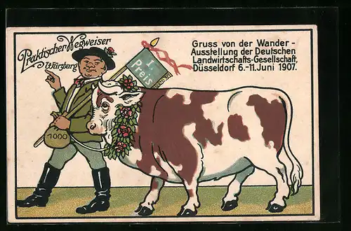 AK Düsseldorf, Wanderausstellung der DLG 1907, Züchter mit prämiertem Zuchtbullen