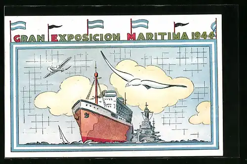 AK Buenos Aires, Gran Exposicion Maritima 1944, Passagierschiff und Kriegsschiff