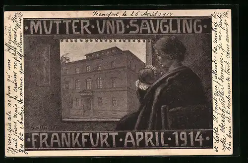 Künstler-AK Frankfurt a. M., Ausstellung Mutter und Säugling 1914, Mutterglück