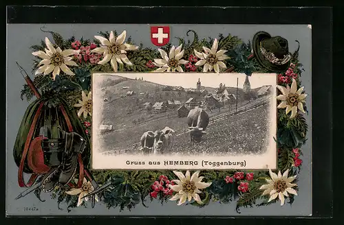 Präge-AK Hemberg b. Toggenburg, Ortsansicht mit Edelweiss und Bergsteiger-Montur