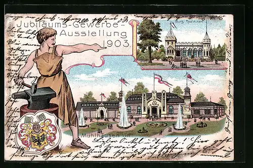 Lithographie Mühlhausen i. Th., Jubiläums-Gewerbe-Ausstellung 1903, Burg-Restaurant