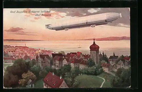 Künstler-AK Bregenz, Zeppelin über der Stadt
