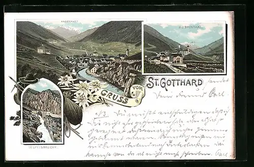 Lithographie St. Gotthard, Totalansicht mit Teufelsbrücke