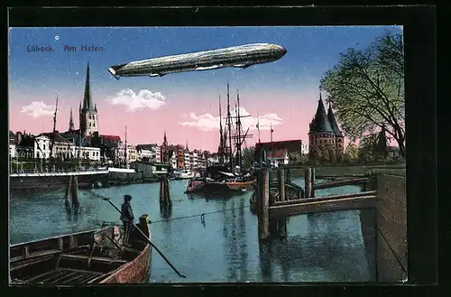AK Lübeck, Zeppelin über dem Hafen