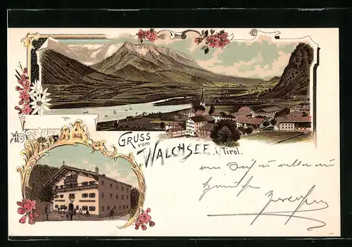 Lithographie Walchsee, Gasthaus und Landschaftspanorama