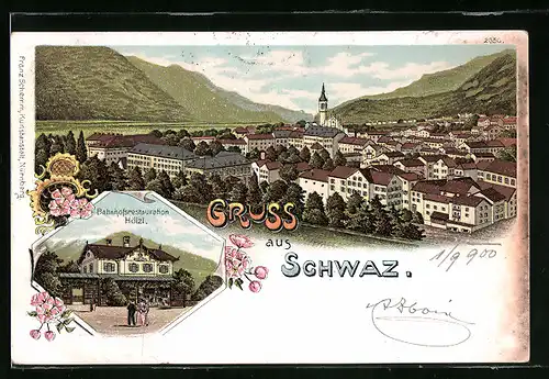 Lithographie Schwaz, Bahnhofsrestaurant Hölzl, Totalansicht aus der Vogelschau