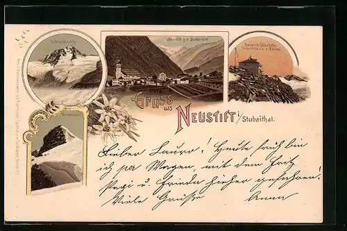 Lithographie Neustift i. Stubaital, Schaufelspitz, Zuckerhütel, Kaiserin Elisabeth-Schutzhaus a. Becher