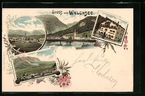 Lithographie Walchsee, Gasthof z. Post, Kössen, Totalansichten