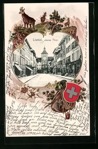 Passepartout-Lithographie Liestal, Strassenpartie am oberen Tor, Wappen mit Gämsen