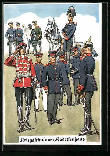 Künstler-AK Potsdam, Kriegsschule und Kadettenhaus, Soldaten in Uniform