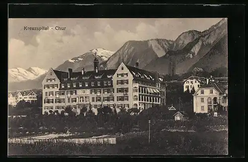 AK Chur, Kreuzspital vor Berglandschaft