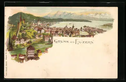 Lithographie Luzern, Panorama gegen Alpen