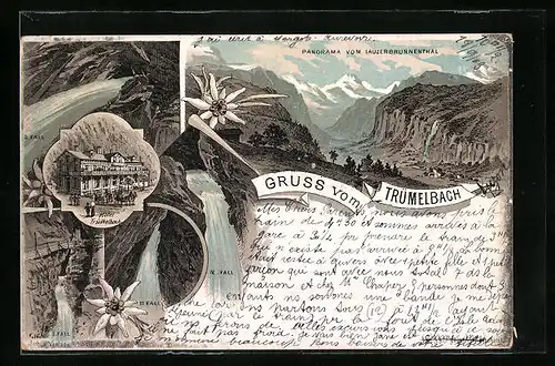 Lithographie Lauterbrunnen, Trümmelbach, Panorama vom Lauterbrunnenthal