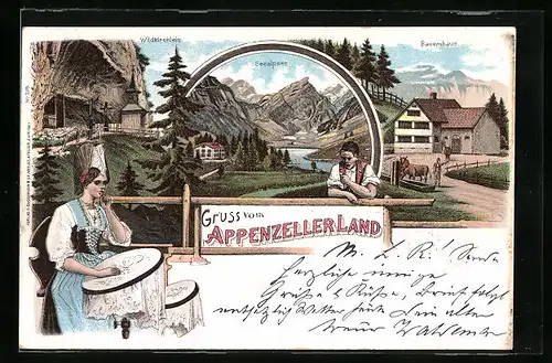 Lithographie Appenzell, Waldkirchlein, Seealpsee, Bauernhaus