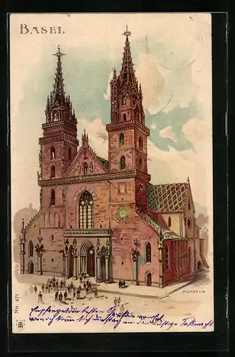 Lithographie Basel, Münster mit Passanten