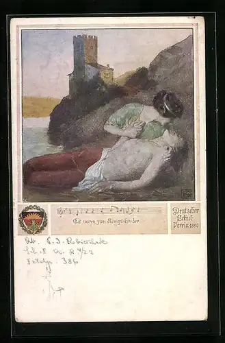 Künstler-AK Karl Friedrich Gsur: Deutscher Schulverein Nr. 462: Es waren zwei Königskinder..., Lied mit Noten