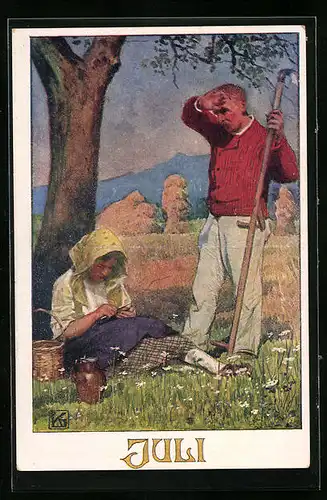 Künstler-AK Karl Friedrich Gsur: Deutscher Schulverein Nr. 1277: Juli, Bauernpaar unter einem Baum