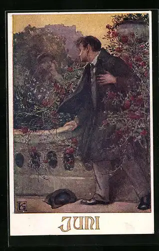 Künstler-AK Karl Friedrich Gsur: Deutscher Schulverein Nr. 1276: Juni, Herr beobachtet sich küssendes Paar