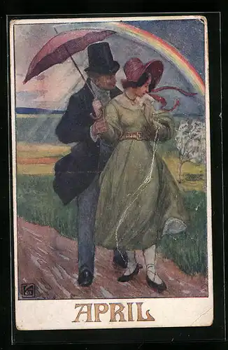 Künstler-AK Karl Friedrich Gsur: Deutscher Schulverein Nr. 1274: April, Paar mit Schirm unter einem Regenbogen