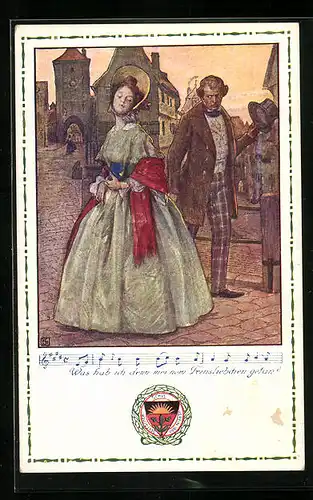 Künstler-AK Karl Friedrich Gsur: Deutscher Schulverein Nr. 40: Herr mit einer Dame auf dem Marktplatz