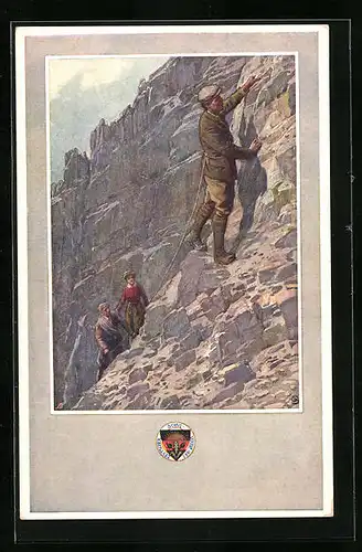 AK Deutscher Schulverein Nr. 345: Zwei Bergsteiger und Frau an einem Felsen