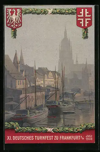 Künstler-AK Frankfurt a. M., Festpostkarte XI. Deutsches Turnfest 1908, Uferpartie mit Kirche und Booten
