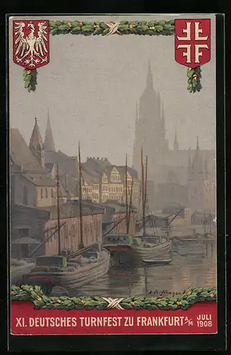 Künstler-AK Frankfurt a. M., Festpostkarte XI. Deutsches Turnfest 1908, Uferpartie mit Kirche und Booten
