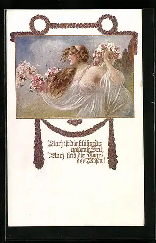 Künstler-AK W. Braun: Deutscher Schulverein Nr. 1077: Frau mit Rosen in den Händen