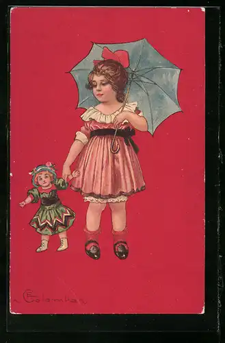 Künstler-AK E. Colombo: Mädchen mit Schirm und Puppe an der Hand