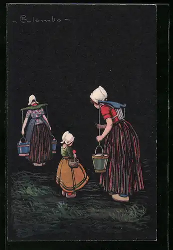 Künstler-AK E. Colombo: Holländische Wasserträgerin tadelt ihre Tochter