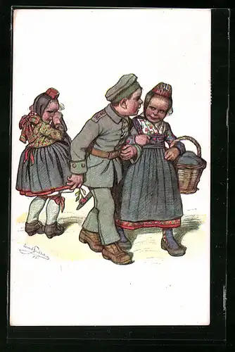 Künstler-AK Emil Beithan: Junger Soldat flirtet mit dem Mädchen in Tracht