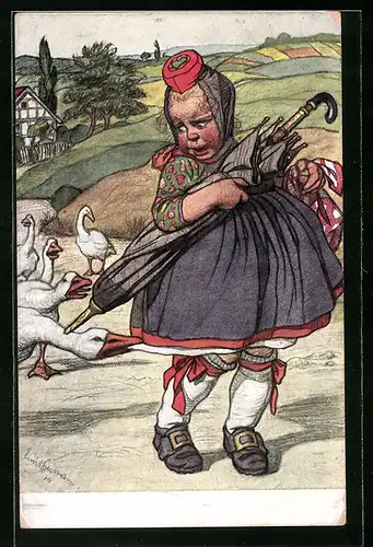 Künstler-AK Emil Beithan: Junges Mädchen wird von Gänsen attackiert