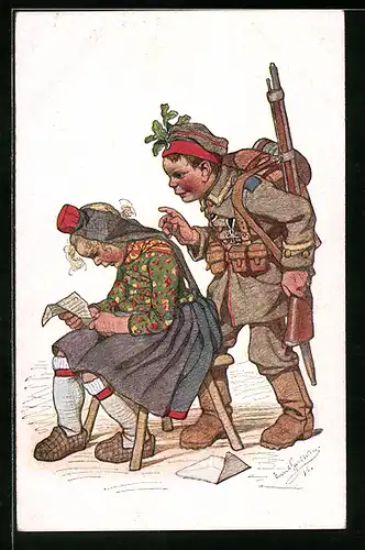 Künstler-AK Emil Beithan: Junger Soldat überrascht seine lesende Freundin