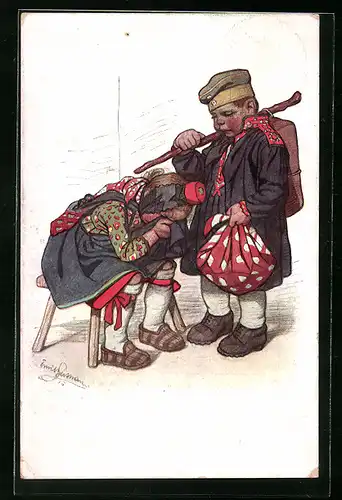 Künstler-AK Emil Beithan: Mädchen weint beim Abschied von ihrem geliebten Soldaten, hessische Tracht