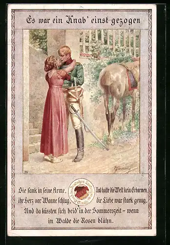Künstler-AK Franz Kuderna: Es war ein Knab'einst gezogen, Sie sank in seine Arme, ihr Herz vor Wonne Schlug...