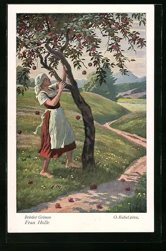 Künstler-AK Otto Kubel: Brüder Grimm, Frau Holle, Mädchen schüttelt die Äpfel vom Baum, Märchen