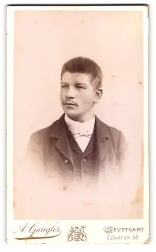 Fotografie A. Gaugler, Stuttgart, Calwerstr. 58, Portrait stattlicher junger Mann mit Fliege im Jackett