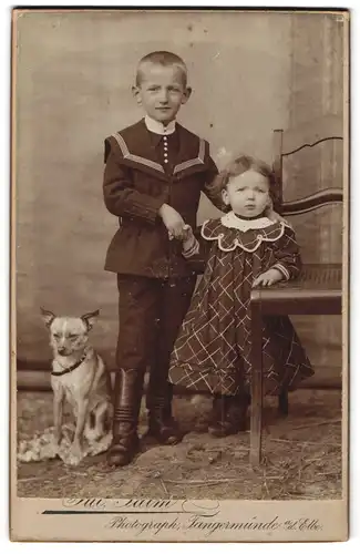 Fotografie Fr. Palm, Tangermünde, zwei kleine Kinder mit ihrem Hund im Atelier